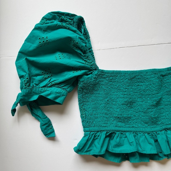Zara Smocked Cropped Top Eyelet Ruffle Trim Green Puff Sleeve Boho Square Sz XS - Picture 14 of 14
